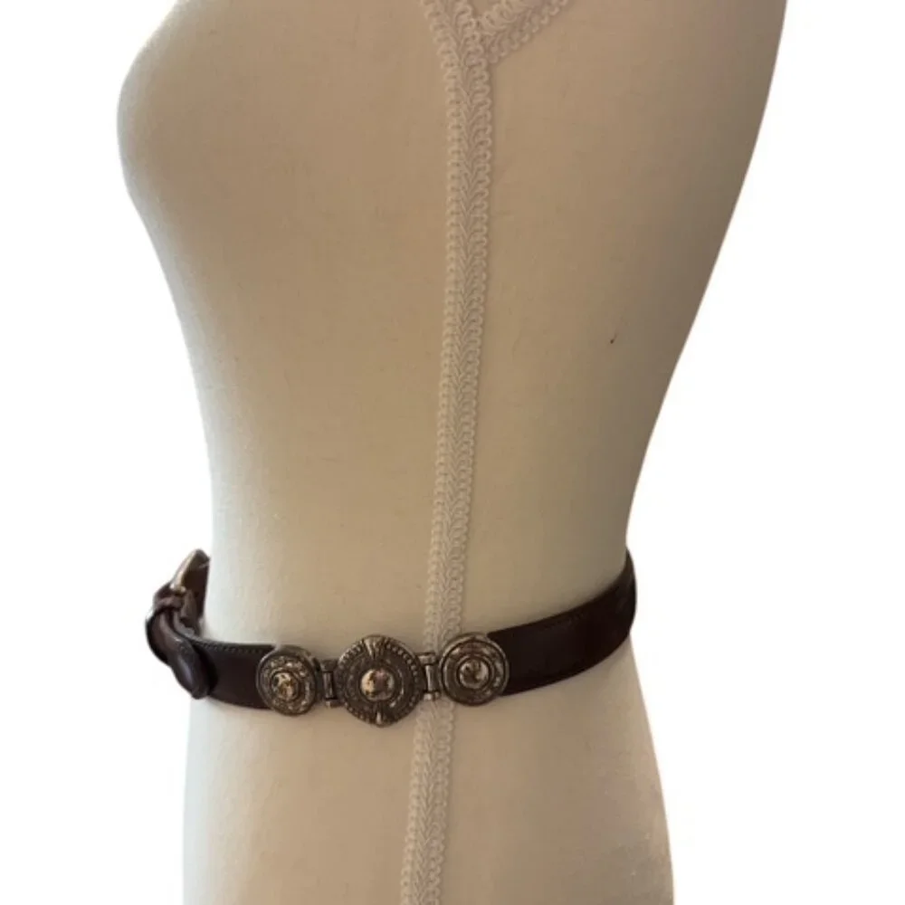 Fossil Skinny Belt Brown Leather Womens S Ornate Silver Metal Buckle and Keeper